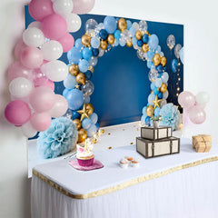 Lofaris Blue Gold Balloon Arch Birthday Cake Smash Backdrop, Dark Blue Background Gold Stars String Lights Photography Party Decor