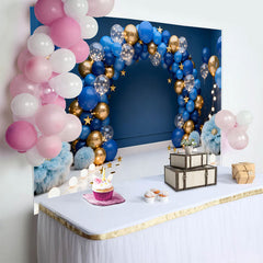 Lofaris Royal Blue Gold Balloons Arch Birthday Cake Smash Backdrop, Fluffy Flowers Gold Stars Boy Portrait Party Decor Background