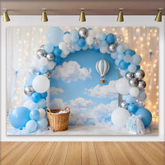 Lofaris Blue Silver Balloons Sky Clouds Birthday Cake Smash Backdrop, Hot Air Balloon Boy 1st Party Photography Background Props