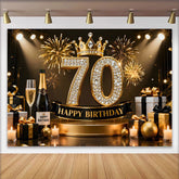 Lofaris Gold Crown 70th Happy Birthday Backdrop, Champagne Presents Diamond Number Black and Gold Party Photography Background
