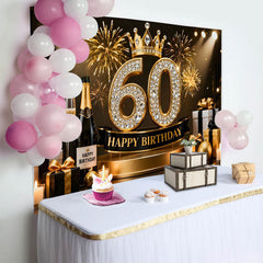 Lofaris Gold Crown 60th Happy Birthday Backdrop, Champagne Gifts Diamond Number Black and Gold Party Photography Background Decor