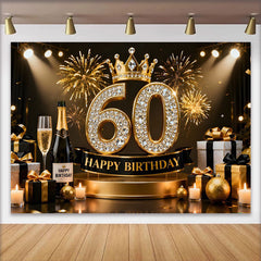 Lofaris Gold Crown 60th Happy Birthday Backdrop, Champagne Gifts Diamond Number Black and Gold Party Photography Background Decor