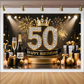 Lofaris Gold Crown 50th Happy Birthday Backdrop, Champagne Gifts Diamond Number Black Gold Party Background