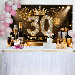 Lofaris Gold Crown 30th Happy Birthday Backdrop, Champagne Gifts Diamond Number Black Gold Party Background