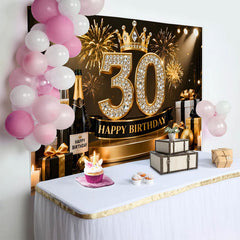 Lofaris Gold Crown 30th Happy Birthday Backdrop, Champagne Gifts Diamond Number Black Gold Party Background