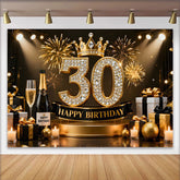 Lofaris Gold Crown 30th Happy Birthday Backdrop, Champagne Gifts Diamond Number Black Gold Party Background