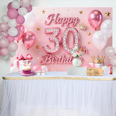 Lofaris Pink Balloons 30th Happy Birthday Backdrop, Gold Stars Crown Gifts Diamond Number Party Background
