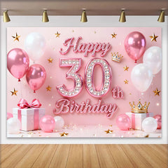 Lofaris Pink Balloons 30th Happy Birthday Backdrop, Gold Stars Crown Gifts Diamond Number Party Background