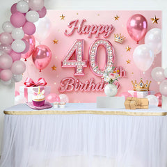 Lofaris Pink Balloons 40th Happy Birthday Backdrop, Gold Stars Crown Gifts Diamond Number Party Background
