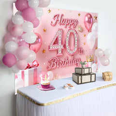 Lofaris Pink Balloons 40th Happy Birthday Backdrop, Gold Stars Crown Gifts Diamond Number Party Background