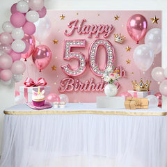 Lofaris Pink Balloons 50th Happy Birthday Backdrop, Gold Stars Crown Gifts Diamond Number Party Background