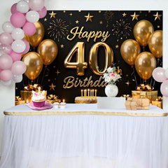 Lofaris Gold Balloons 40th Happy Birthday Backdrop, Black Background Cake Gifts Stars Party Photography Decor