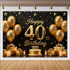 Lofaris Gold Balloons 40th Happy Birthday Backdrop, Black Background Cake Gifts Stars Party Photography Decor