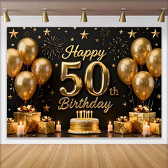 Lofaris Black and Gold Happy 50th Birthday Backdrop, Golden Balloons Stars Gifts Cake, Party Decoration Props