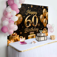 Lofaris Black and Gold Happy 60th Birthday Backdrop, Golden Balloons Stars Gifts Cake, Party Decoration Props
