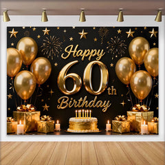 Lofaris Black and Gold Happy 60th Birthday Backdrop, Golden Balloons Stars Gifts Cake, Party Decoration Props