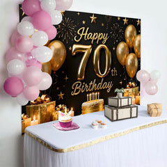 Lofaris Black and Gold Happy 70th Birthday Backdrop, Golden Balloons Stars Gifts Cake, Party Decoration Props
