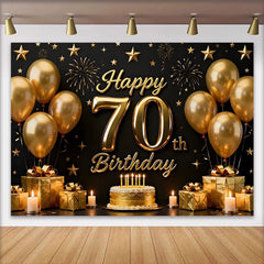 Lofaris Black and Gold Happy 70th Birthday Backdrop, Golden Balloons Stars Gifts Cake, Party Decoration Props
