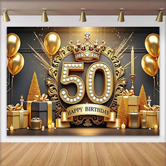 Lofaris Luxurious 50th Birthday Backdrop, Golden Crown Diamonds Gifts Candles, Black and Gold Party Decoration