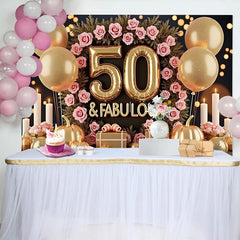 Lofaris 50 and Fabulous Birthday Backdrop, Pink Roses Golden Balloons Pumpkins, Women Milestone Party Decoration