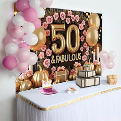 Lofaris 50 and Fabulous Birthday Backdrop, Pink Roses Golden Balloons Pumpkins, Women Milestone Party Decoration
