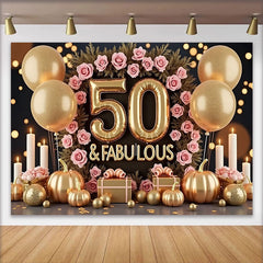 Lofaris 50 and Fabulous Birthday Backdrop, Pink Roses Golden Balloons Pumpkins, Women Milestone Party Decoration