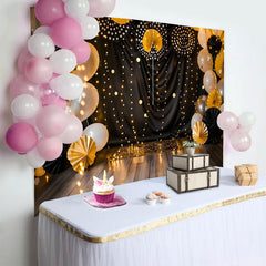 Lofaris Black and Gold Cake Smash Backdrop, Elegant String Lights and Paper Fans Photography Background for Birthday
