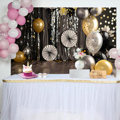 Lofaris Black Gold and Silver Cake Smash Backdrop, Sparkly Bokeh Lights and Balloons Birthday Photography Background