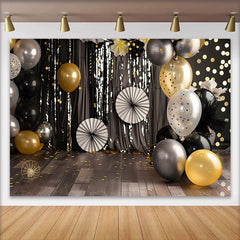 Lofaris Black Gold and Silver Cake Smash Backdrop, Sparkly Bokeh Lights and Balloons Birthday Photography Background