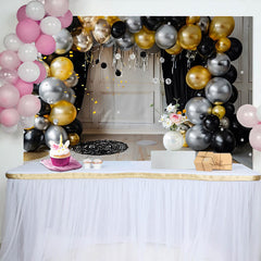 Lofaris Modern Metallic Balloon Arch Backdrop, Black Gold and Silver Cake Smash Background for First Birthday