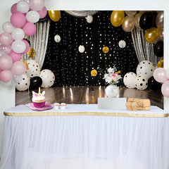 Lofaris Polka Dot Balloons and Silver Curtain Backdrop, Black and Gold Birthday Cake Smash Photography Background