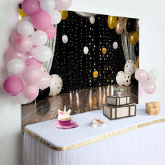 Lofaris Polka Dot Balloons and Silver Curtain Backdrop, Black and Gold Birthday Cake Smash Photography Background