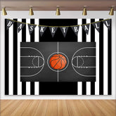 Lofaris Basketball Court Birthday Backdrop, Black and White Stripes Sports Theme Photography Background for Boys