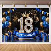 Lofaris Royal Blue and Gold 18th Birthday Backdrop, Diamond Numbers and Fireworks Background for Men and Boys