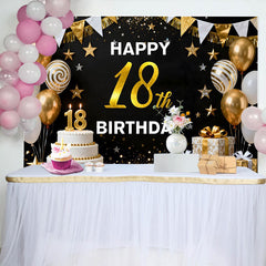 Lofaris Gold 18th Happy Birthday Backdrop, White Cake and Gold Balloons Background, Elegant Milestone Anniversary