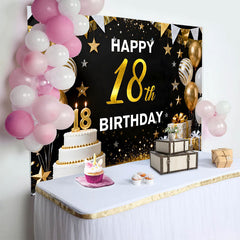 Lofaris Gold 18th Happy Birthday Backdrop, White Cake and Gold Balloons Background, Elegant Milestone Anniversary