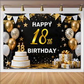 Lofaris Gold 18th Happy Birthday Backdrop, White Cake and Gold Balloons Background, Elegant Milestone Anniversary