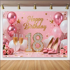 Lofaris Sweet 18th Happy Birthday Backdrop, Pink High Heels and Champagne Background, Diamond 18 Years Party Decor