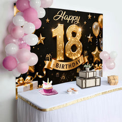 Lofaris Elegant Gold 18th Happy Birthday Backdrop, Golden Star Balloons and Gift Boxes Background, Milestone Decor