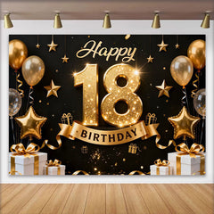 Lofaris Elegant Gold 18th Happy Birthday Backdrop, Golden Star Balloons and Gift Boxes Background, Milestone Decor