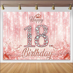 Lofaris Rose Gold 18th Happy Birthday Backdrop, Pink Diamond Numbers and Glitter Background, 18th Birthday Banner