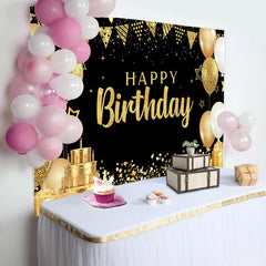Lofaris Elegant Gold Happy Birthday Backdrop, 3-Tier Cake and Golden Gift Boxes Background, Gala Party Decor