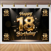 Lofaris Sparkling Gold 18th Happy Birthday Backdrop, Spotlight and Stars Anniversary Background, Luxury Milestone Party