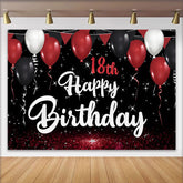 Lofaris Red and Black 18th Happy Birthday Backdrop, Glitter Floor and Balloons Background, Starry Night Party Decor