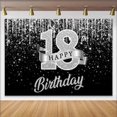 Lofaris Silver Glitter 18th Happy Birthday Backdrop, Shimmering Ribbon and Sparkle Background, Anniversary Decor