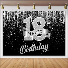 Lofaris Silver Glitter 18th Happy Birthday Backdrop, Shimmering Ribbon and Sparkle Background, Anniversary Decor