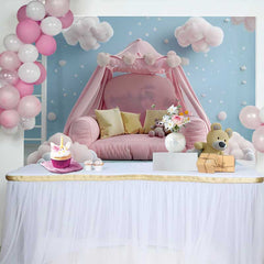 Lofaris Pink Tent Bed Teddy Bear Cake Smash Backdrop, Blue Sky Fluffy Clouds Stars Baby Photography Background