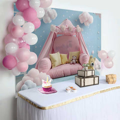 Lofaris Pink Tent Bed Teddy Bear Cake Smash Backdrop, Blue Sky Fluffy Clouds Stars Baby Photography Background