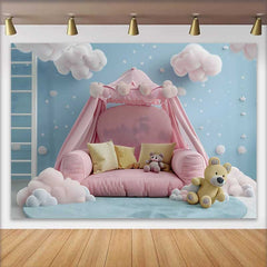 Lofaris Pink Tent Bed Teddy Bear Cake Smash Backdrop, Blue Sky Fluffy Clouds Stars Baby Photography Background