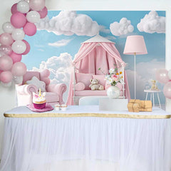 Lofaris Pink Armchair Canopy Bed Teddy Bear Backdrop, Blue Sky Clouds Baby Girl Cake Smash Background